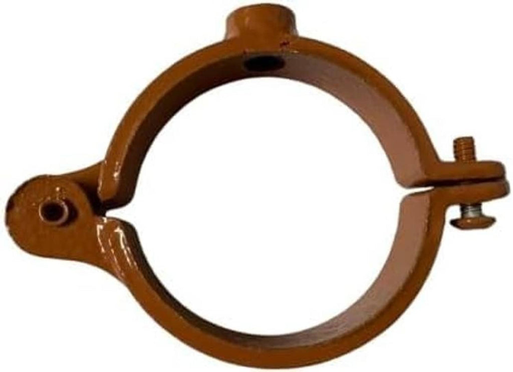 Copper epoxy hinged split-ring pipe hanger clamp with threaded bolt and open ring