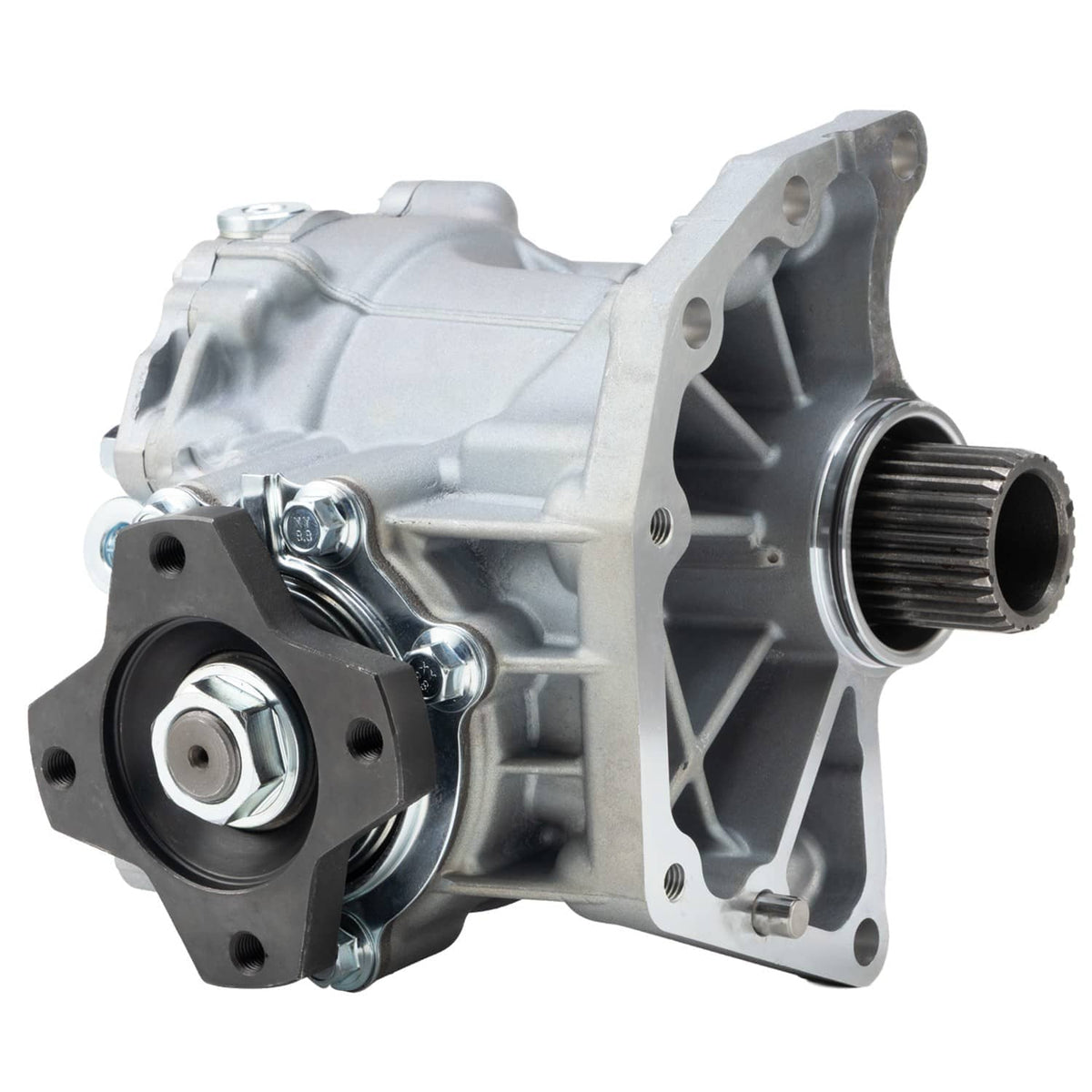Transfer case assembly angled view with black pulley and ribbed output shaft