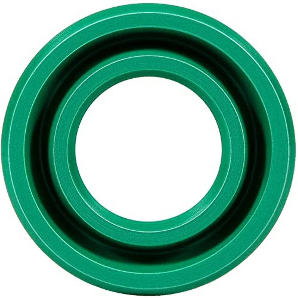 Green U-cup piston seal close-up with concentric rings and center bore