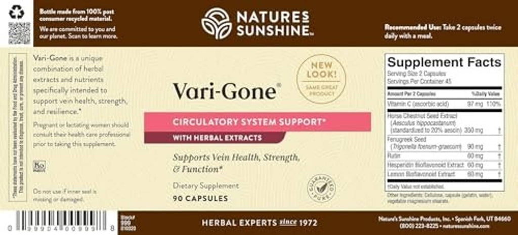 Vari-Gone back label with product info and Supplement Facts panel for capsules