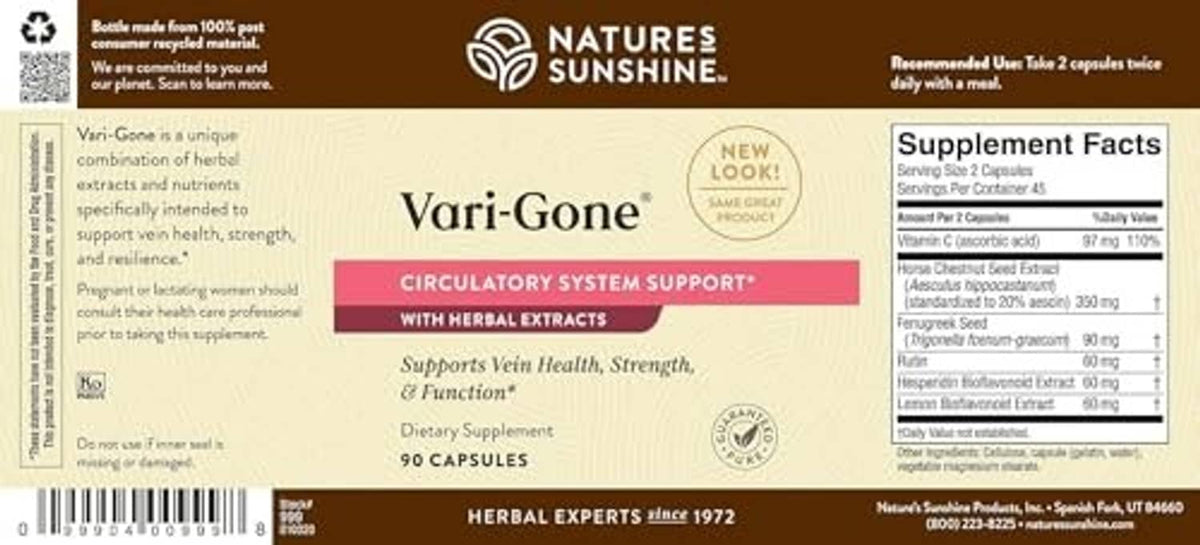 Vari-Gone back label with product info and Supplement Facts panel for capsules