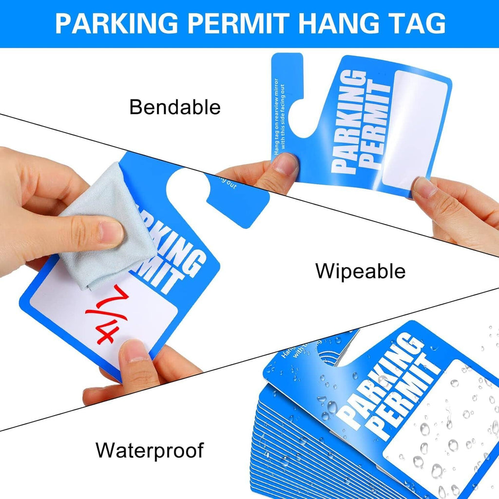 Blue parking permit hang tags with bendable, wipeable, and waterproof feature icons
