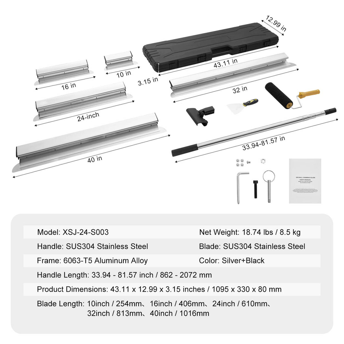 Drywall skimming blade set with multiple blade sizes, black case, and stainless handle pole
