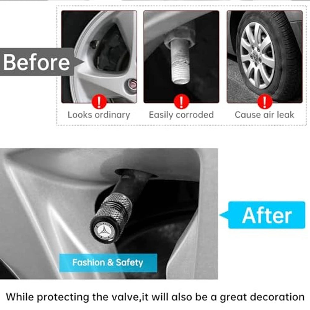 Black textured tire valve stem cap with Mercedes-Benz logo mounted on a wheel