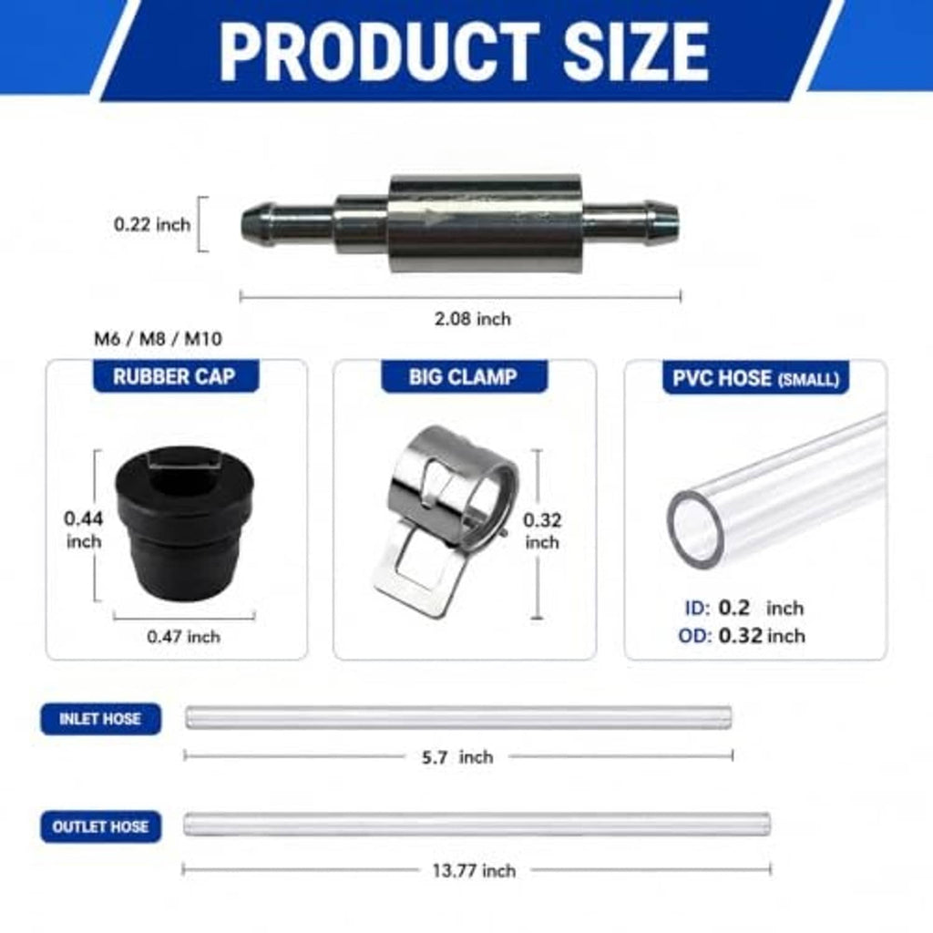 Brake bleeder kit size chart showing inlet/outlet hose lengths, clamp and rubber cap
