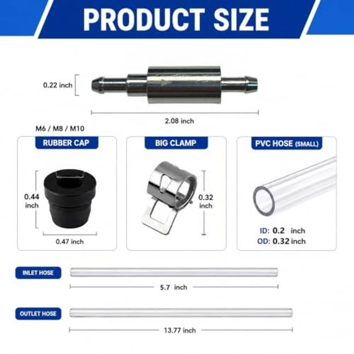 Brake bleeder kit size chart showing inlet/outlet hose lengths, clamp and rubber cap