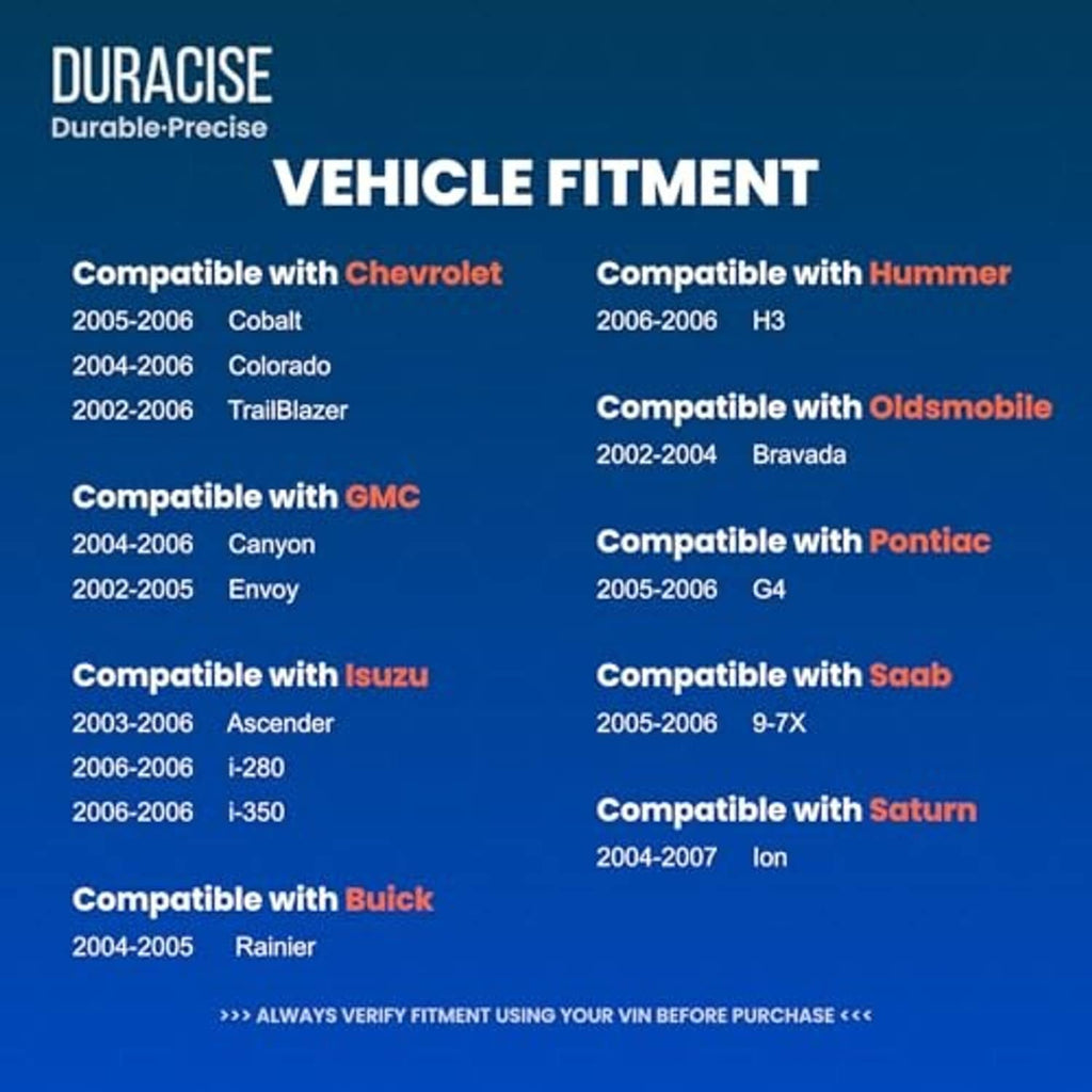 DURACISE vehicle fitment compatibility list graphic