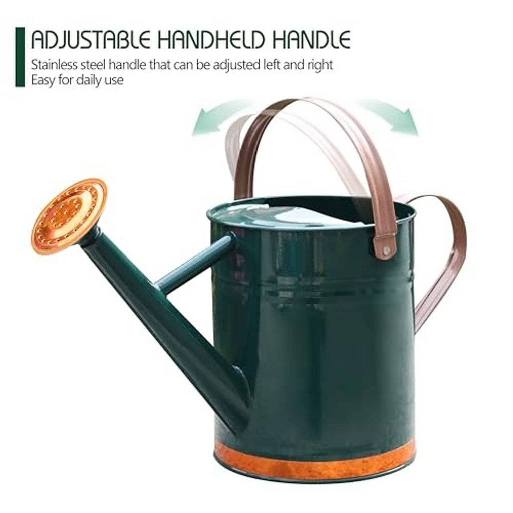 Teal metal watering can with adjustable side handle and detachable rose sprinkler head