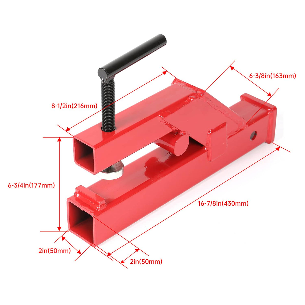 Red 2-inch ball mount receiver clamp with threaded post and mounting plate, side view