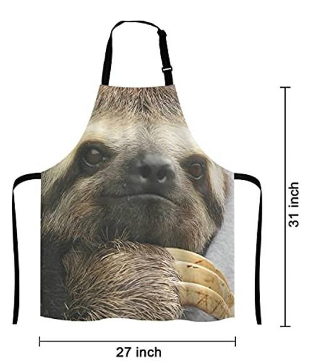 Sloth face novelty kitchen apron with black neck strap and front ties, full bib design