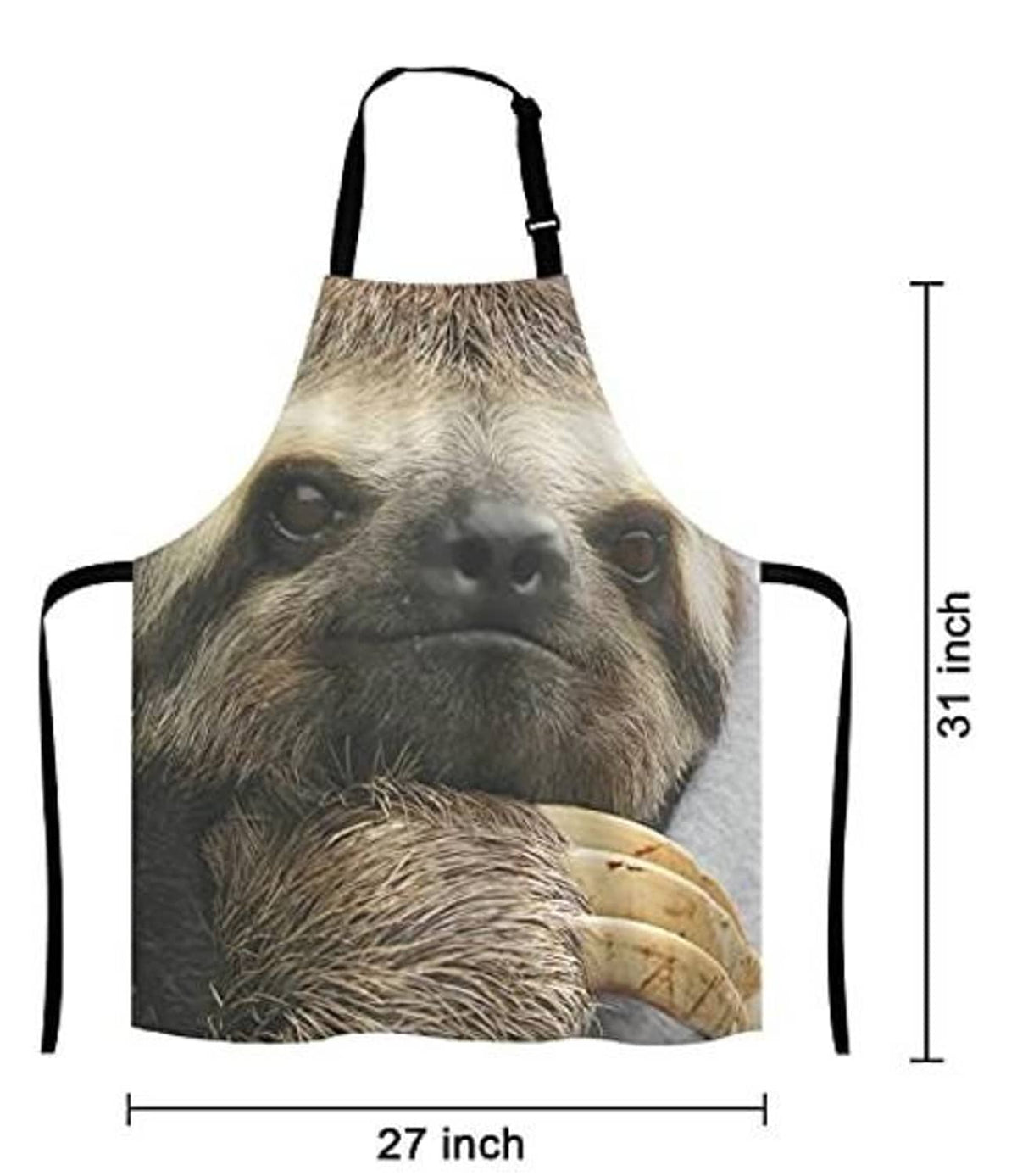 Sloth face novelty kitchen apron with black neck strap and front ties, full bib design