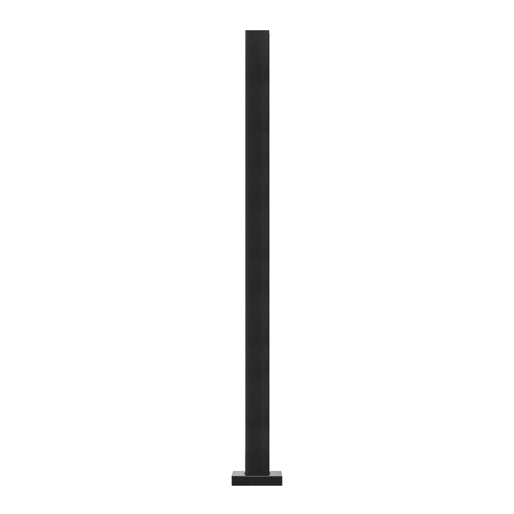 Black glass railing post clamp upright with flat base, close-up view