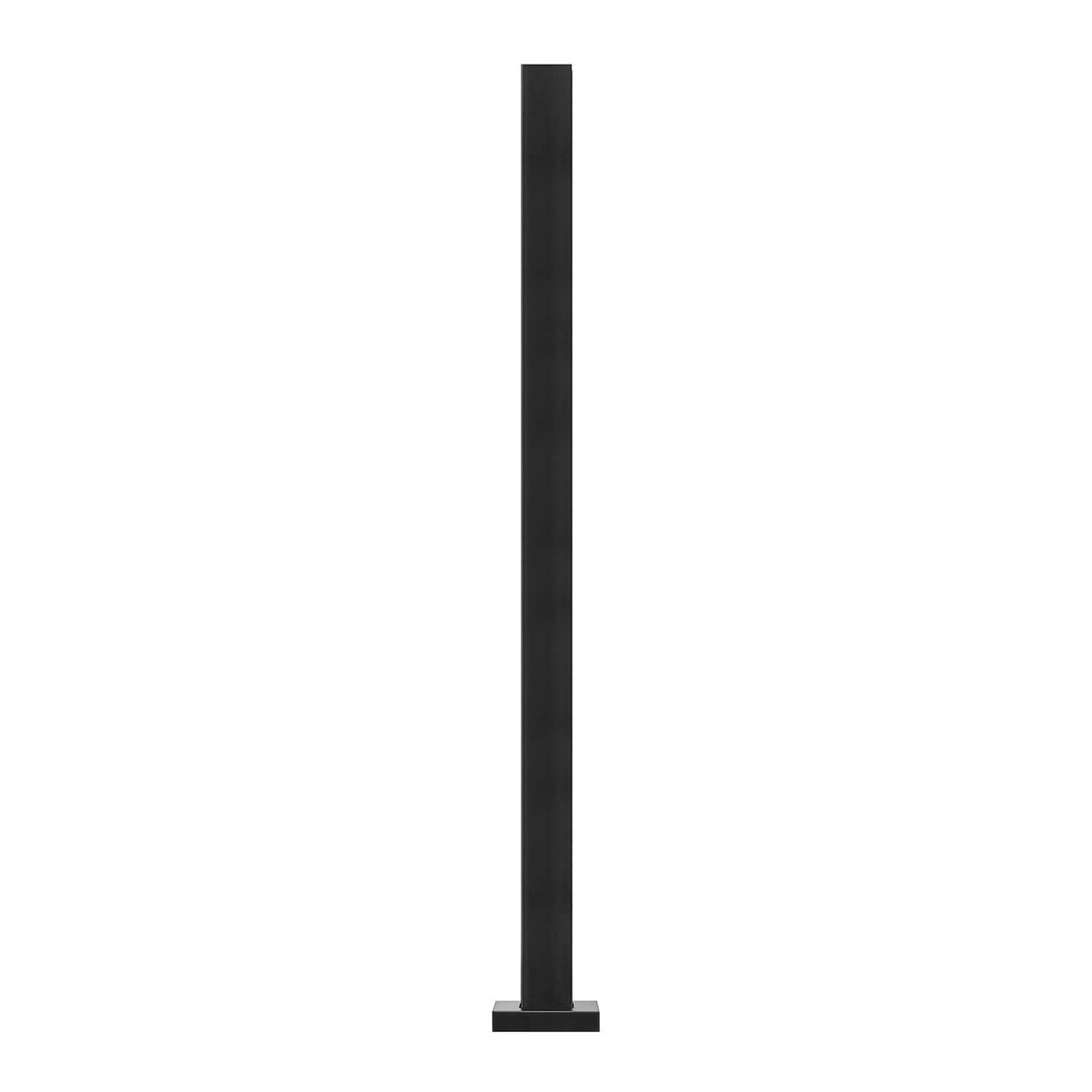 Black glass railing post clamp upright with flat base, close-up view