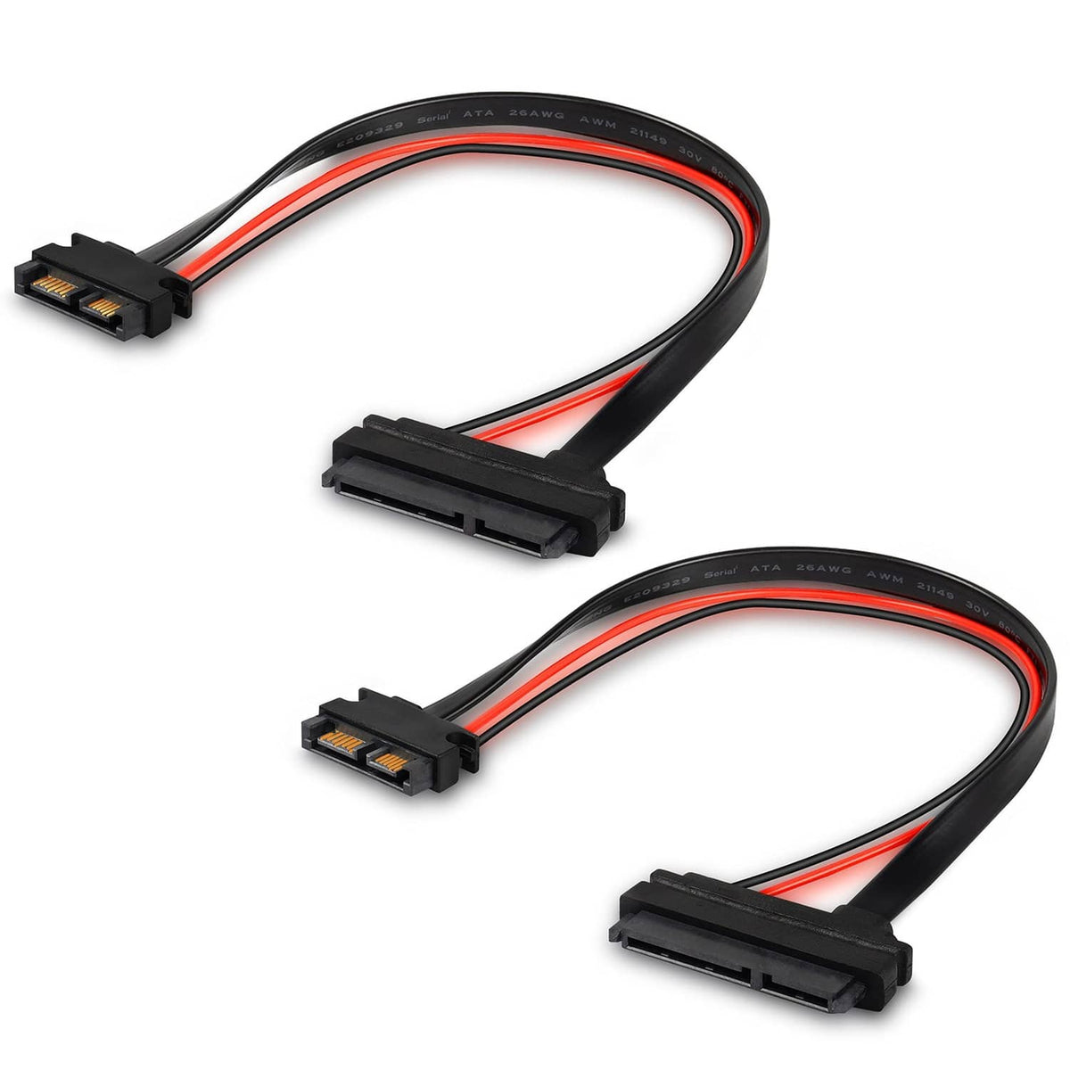 Black SATA extension cable with slim connectors and red-striped wiring, 13-pin to 22-pin