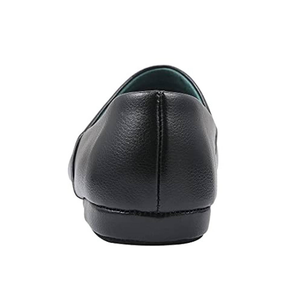Men's black leather house slipper back view with teal lining at the opening
