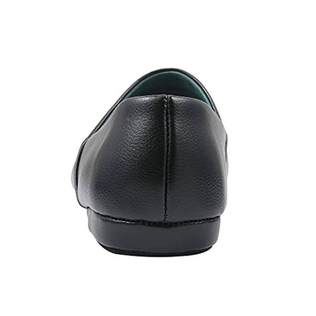 Men's black leather house slipper back view with teal lining at the opening