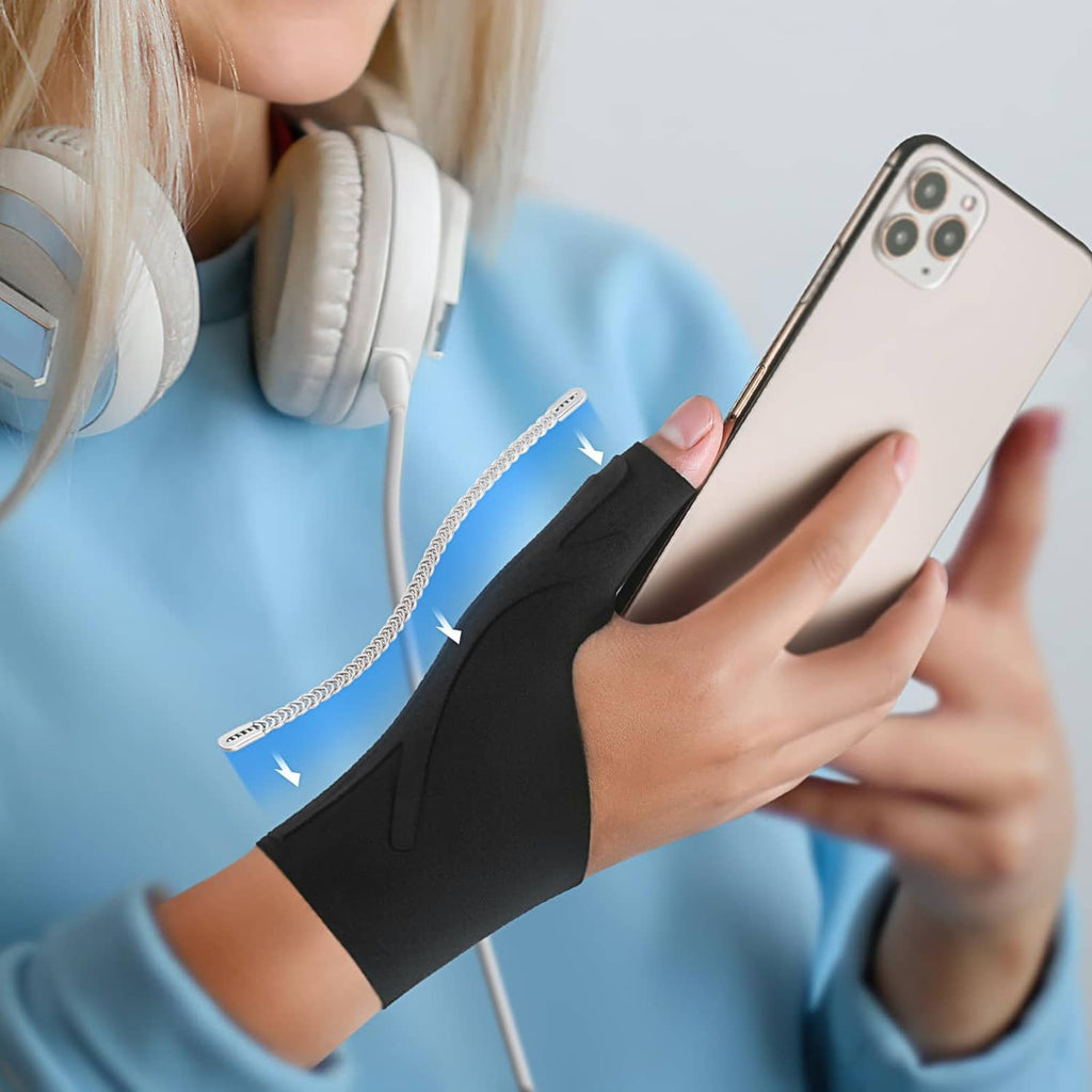 Black thumb wrist brace worn on hand with open thumb section