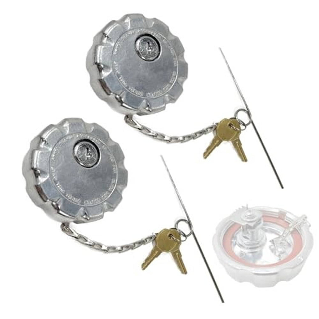 Two-pack locking diesel fuel tank caps with chains and brass keys, silver metal