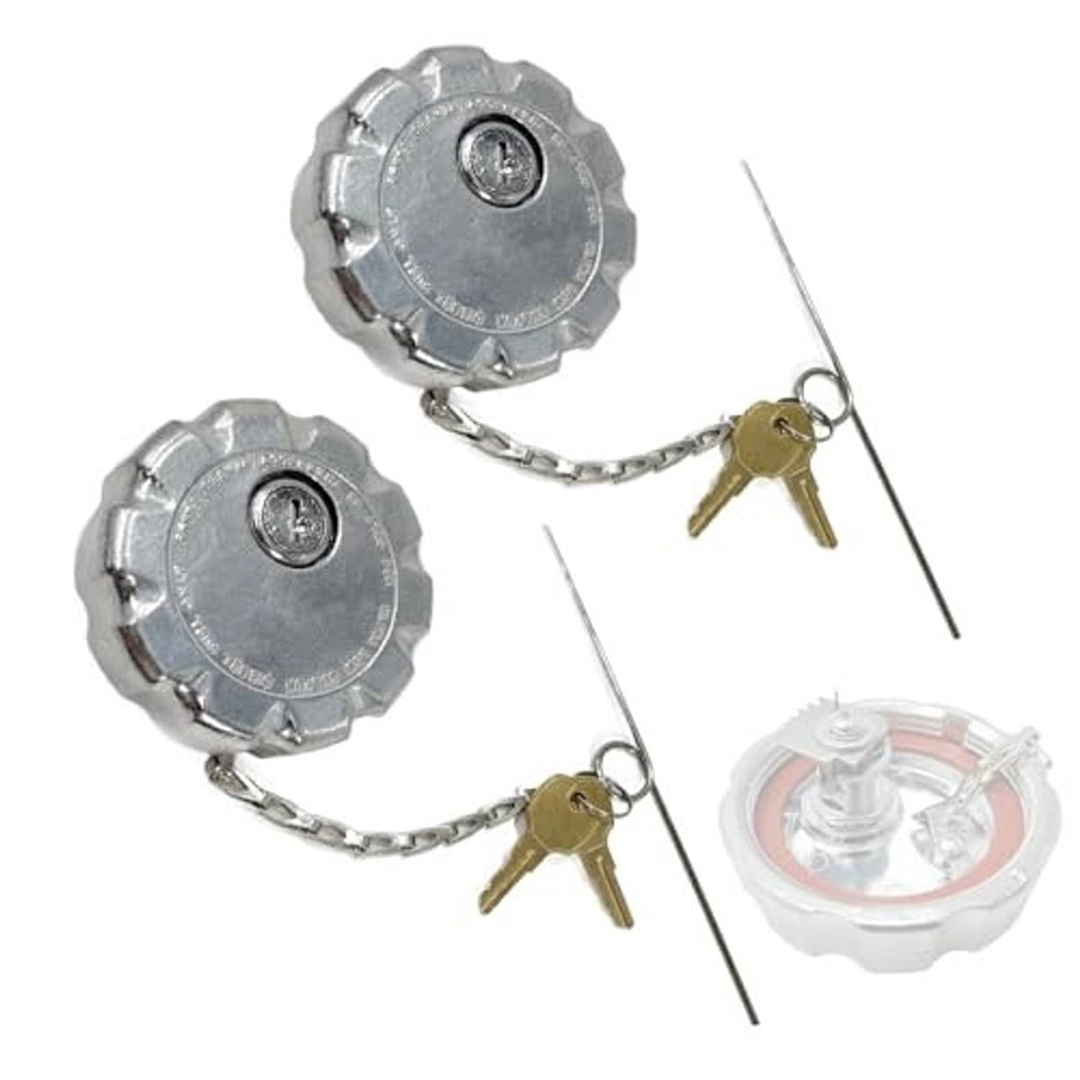 Two-pack locking diesel fuel tank caps with chains and brass keys, silver metal