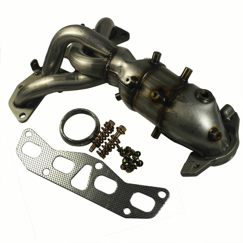 Exhaust manifold with catalytic converter and gasket, mounting hardware included, metal finish