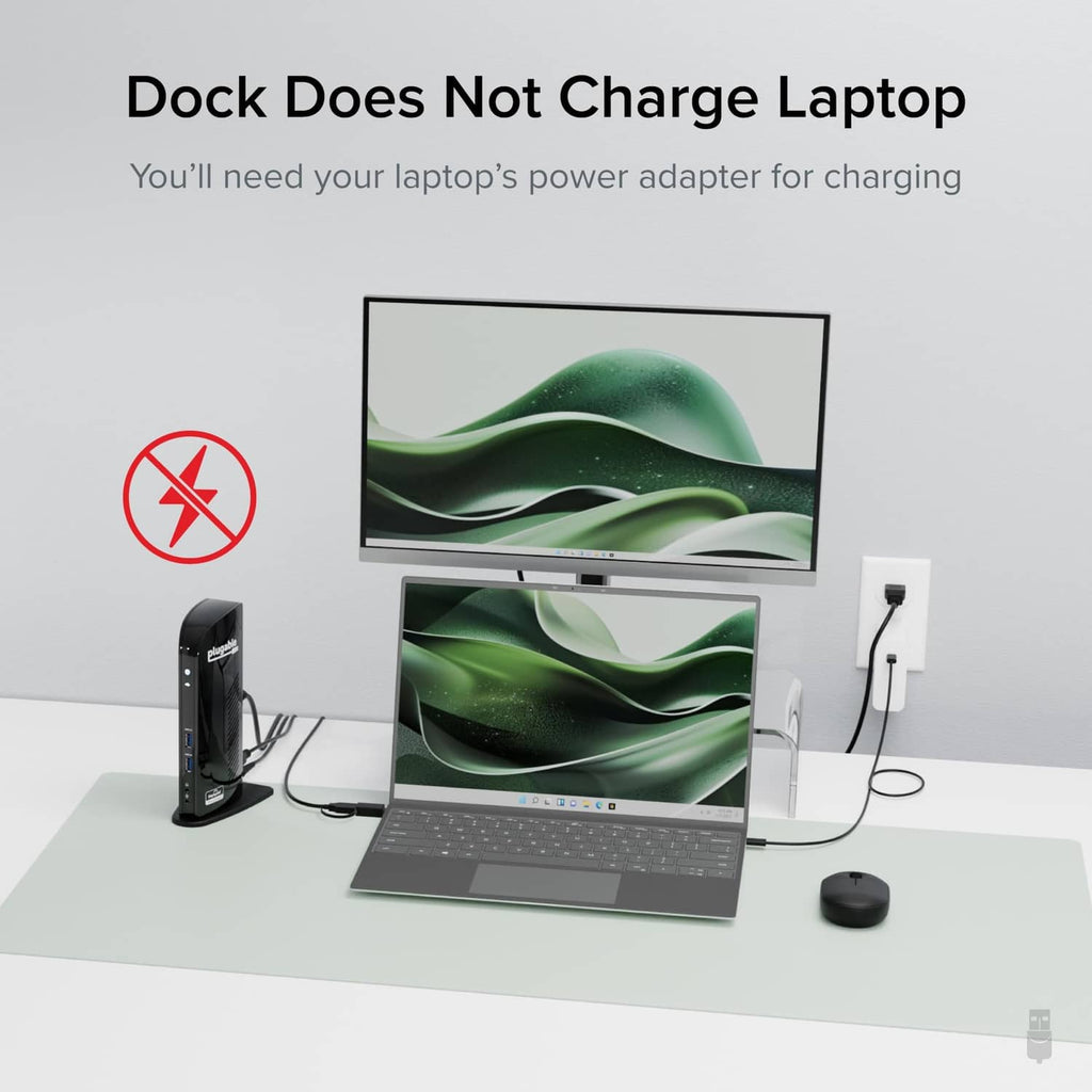 Black Plugable docking station with power adapter connection and HDMI-linked monitors