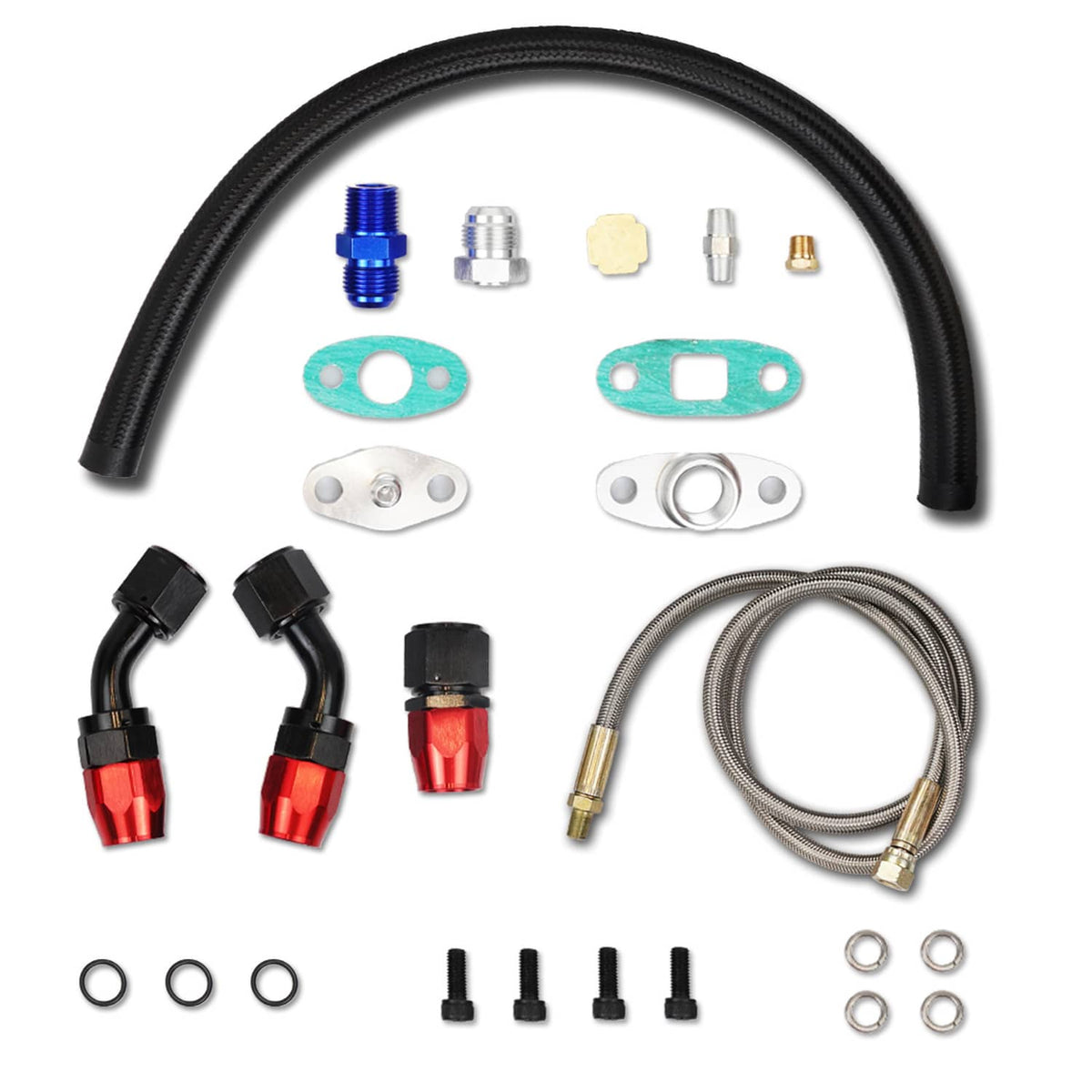 Oil feed line and oil drain return fitting kit with black hose, braided line, AN fittings