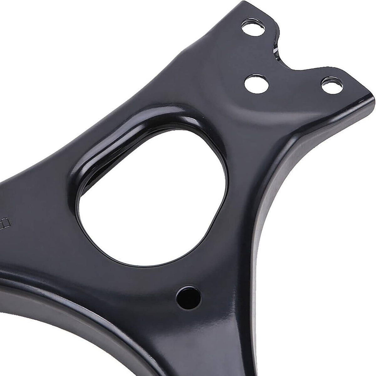 Front lower control arm, black steel with mounting holes and large bushing opening