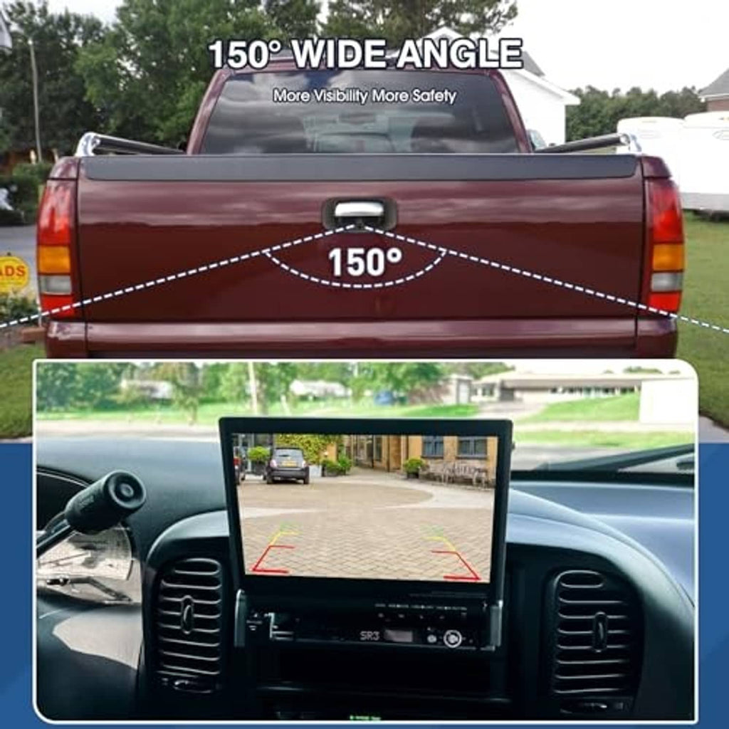 Tailgate handle backup camera system with monitor view and parking guide lines
