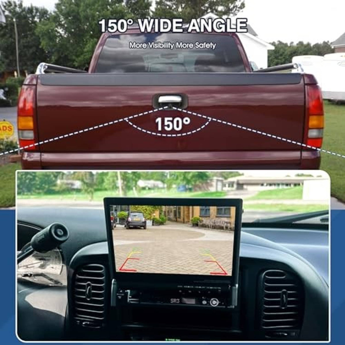 Tailgate handle backup camera system with monitor view and parking guide lines