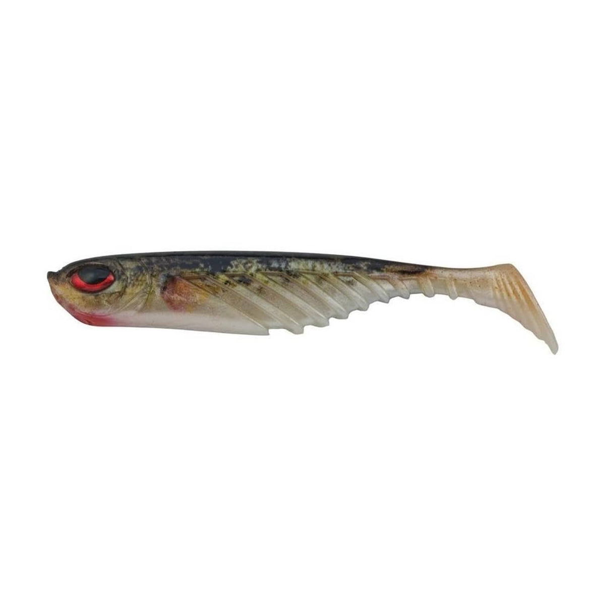 Red and olive soft plastic fishing lure with 3D red eyes, side view