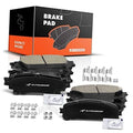 Front and rear ceramic brake pads set with gray friction material and metal hardware