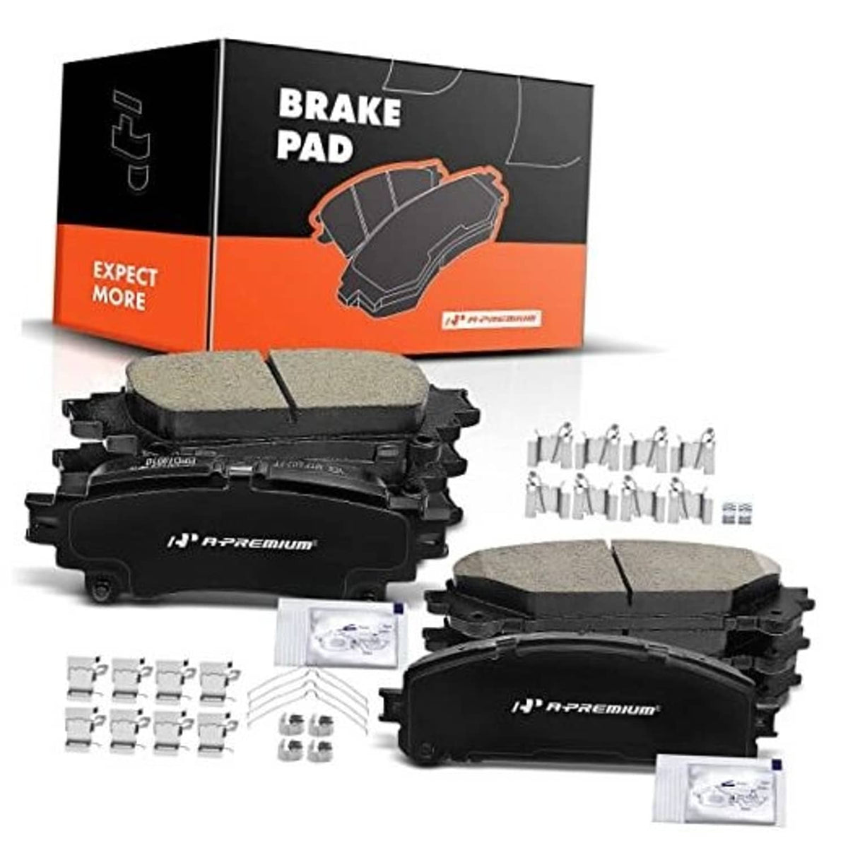 Front and rear ceramic brake pads set with gray friction material and metal hardware
