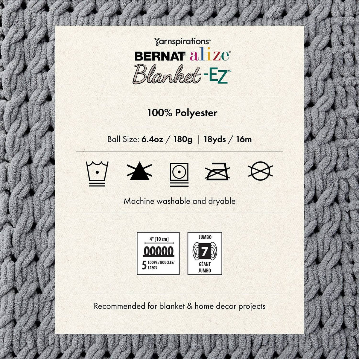 Blanket-EZ product label on gray loop yarn, 100% polyester and care symbols