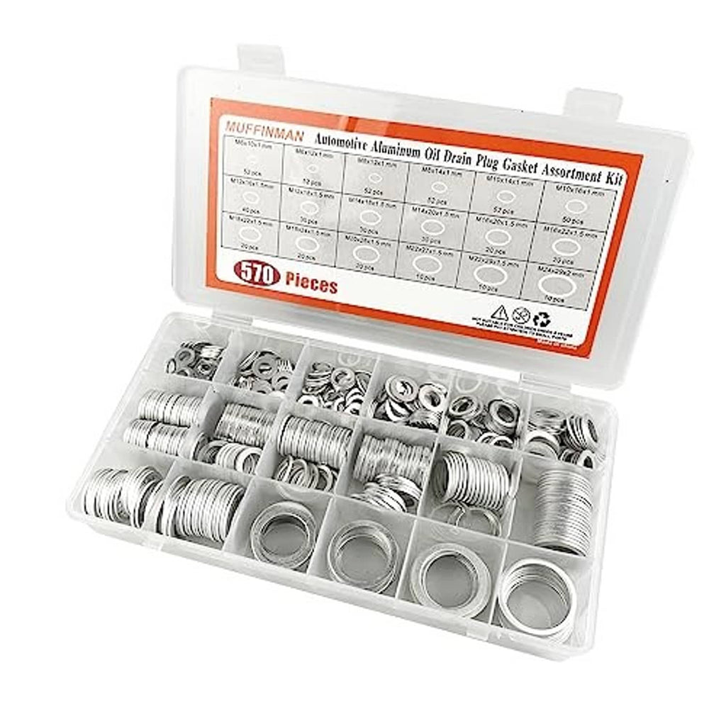 Oil drain plug gasket assortment kit with orange-labeled cover and organized silver washers