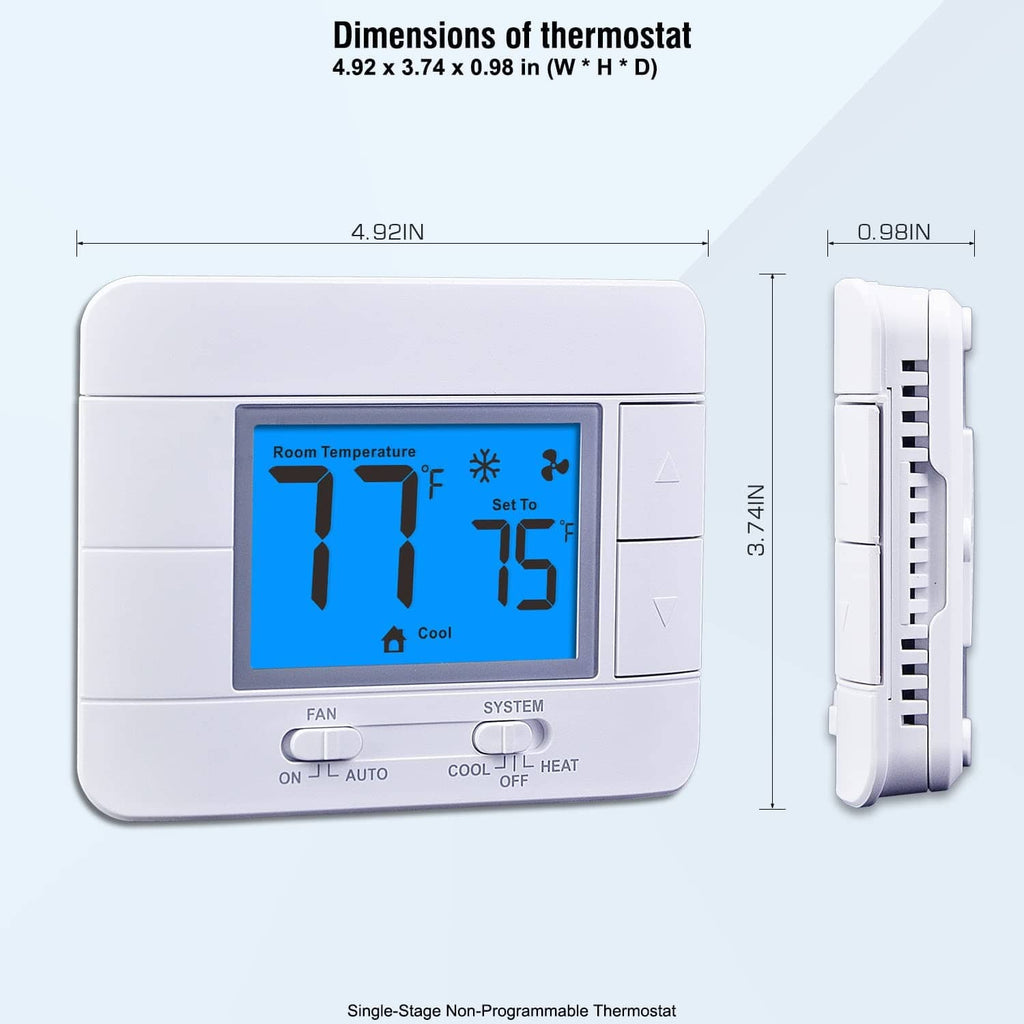 White non-programmable digital thermostat, front view with blue LCD and side profile.