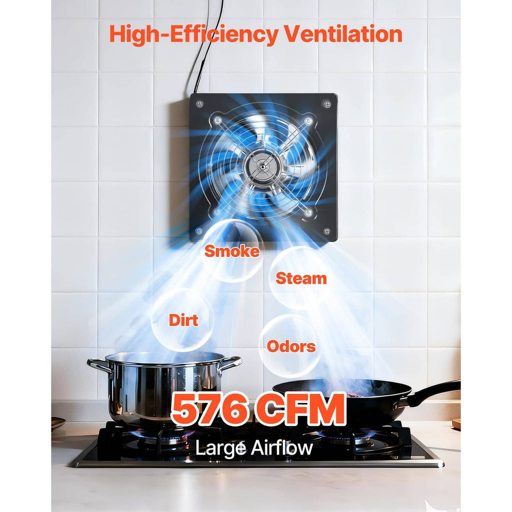 Wall-mounted ventilation fan showing airflow direction and smoke venting effect