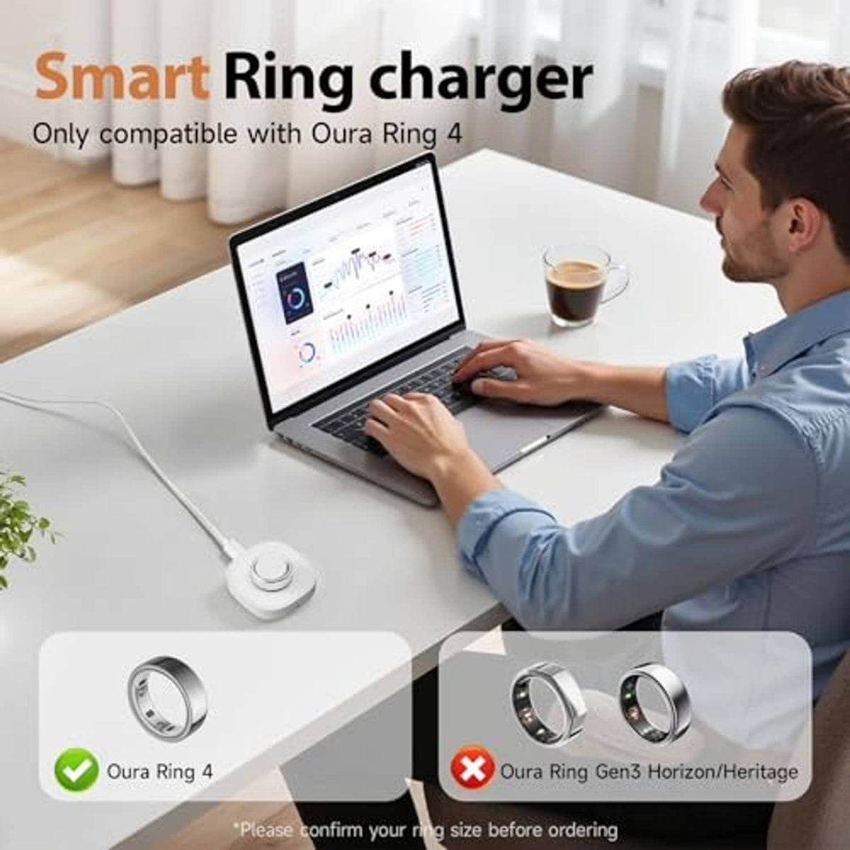 White ring charging dock with metal contact ring and USB cable connection