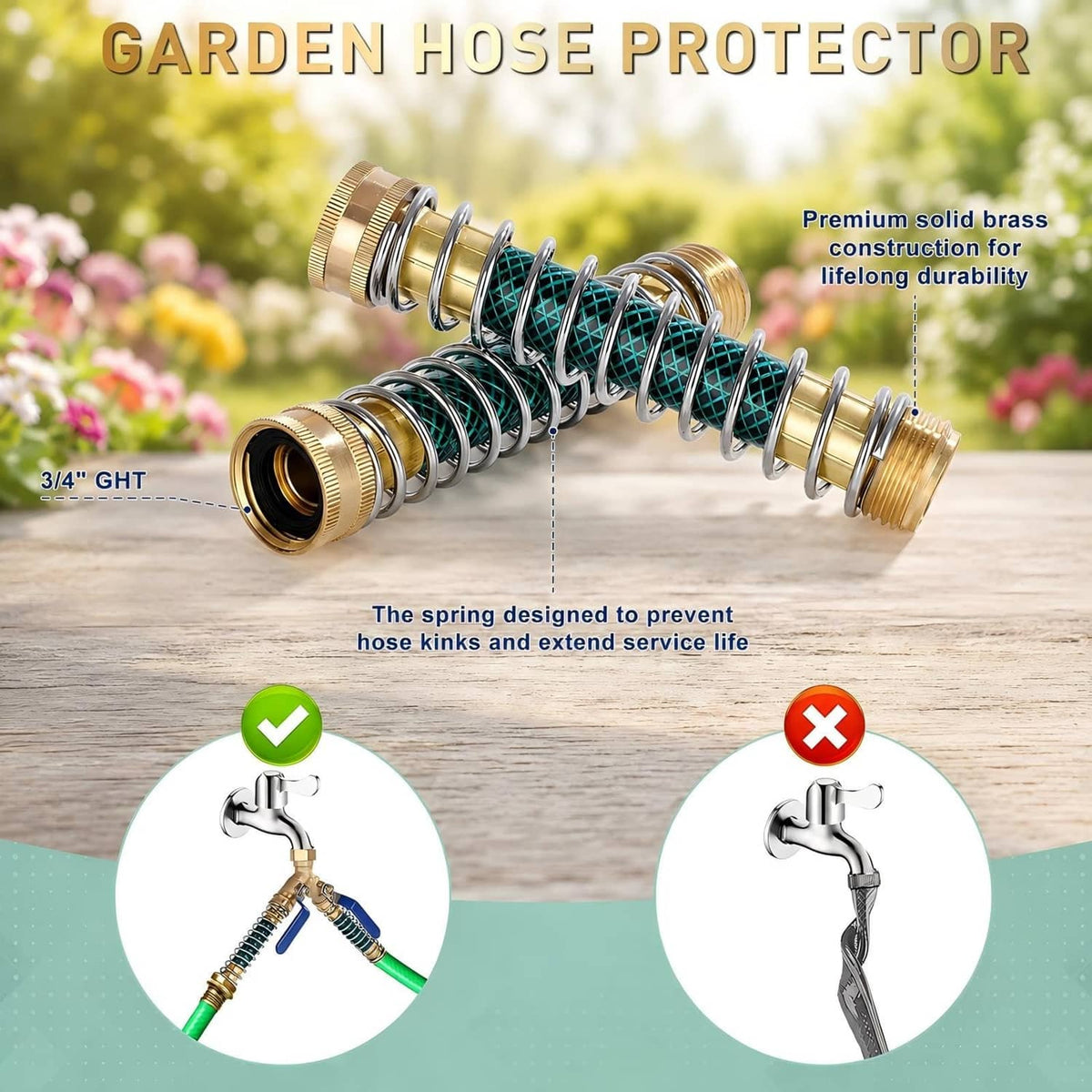 Spring hose protector with brass ends for garden hoses