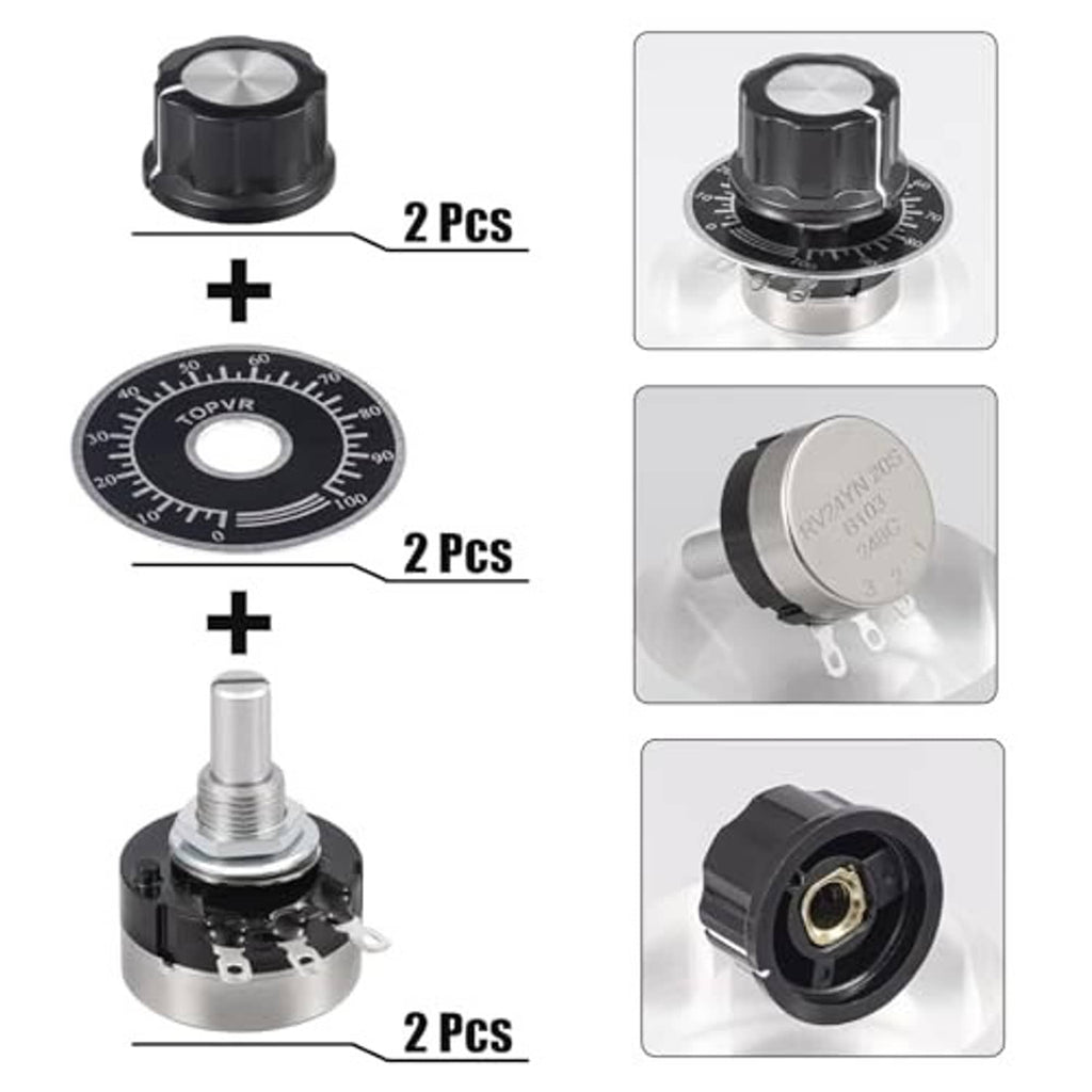 Two rotary potentiometers showing black knobs, metal shafts, and dial faces with 0–100 marks