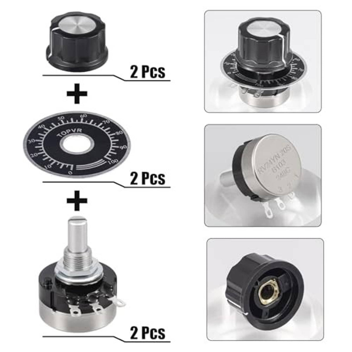 Two rotary potentiometers showing black knobs, metal shafts, and dial faces with 0–100 marks