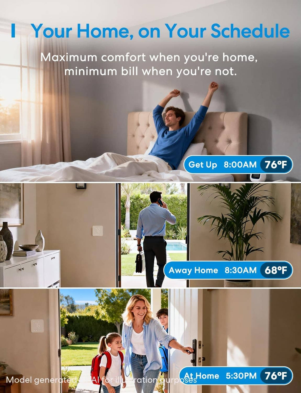 Smart thermostat schedule interface with home and Away temperature readouts