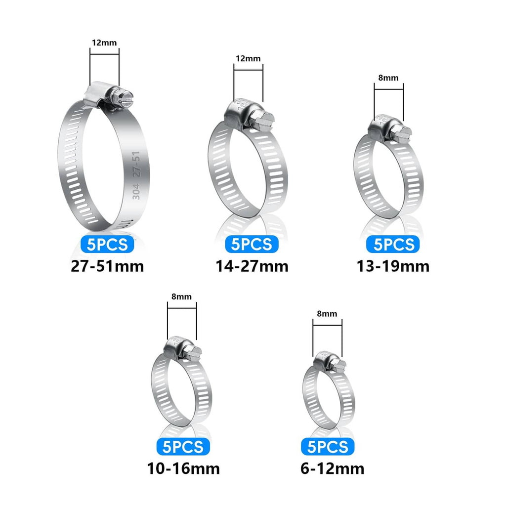 Adjustable stainless steel hose clamps, assorted sizes with labeled ranges and screws