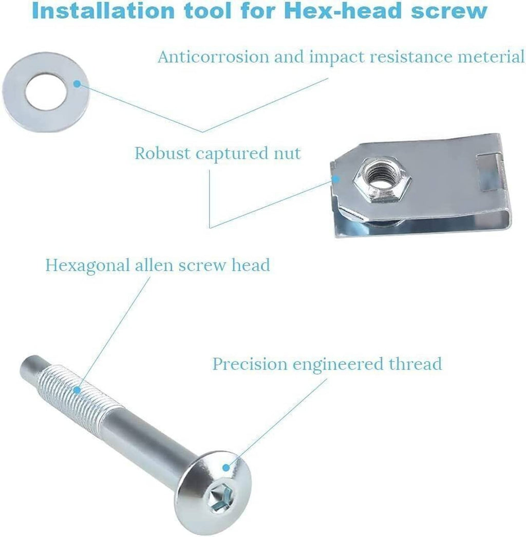 Steel hex-head bolts with captured nuts, plus flat washers included