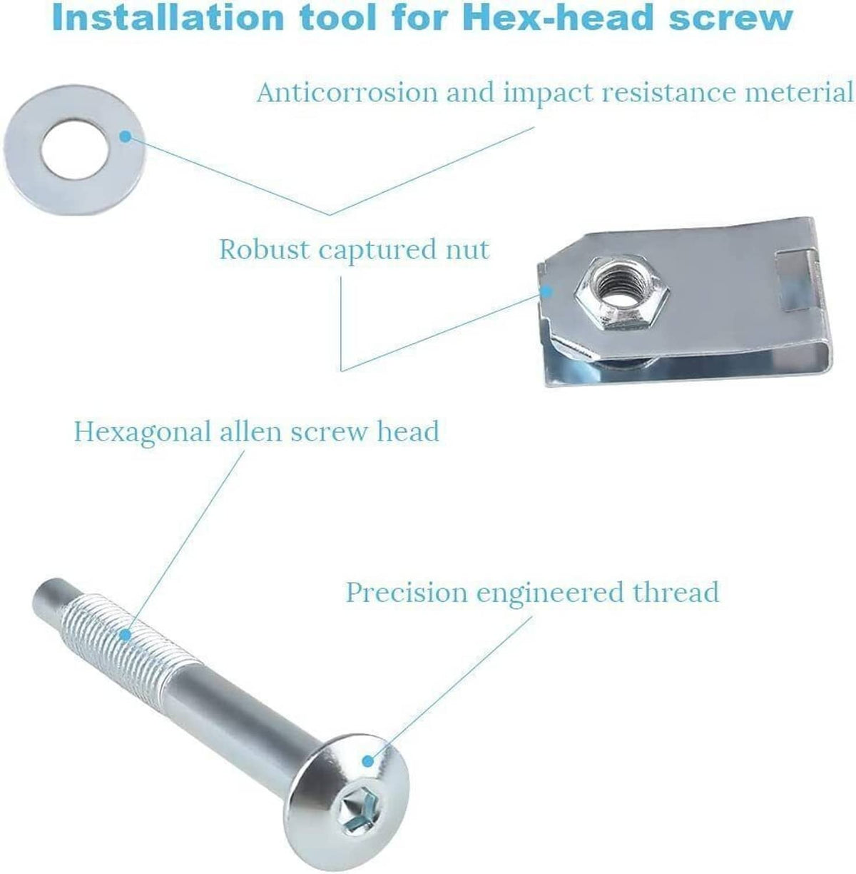 Steel hex-head bolts with captured nuts, plus flat washers included