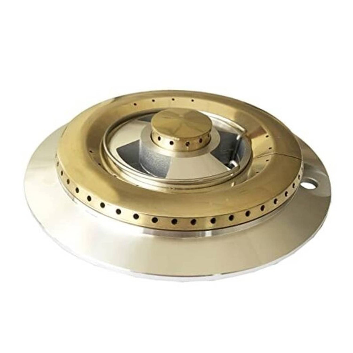 Brass and silver BBQ side burner head with perforated flame ring and circular base