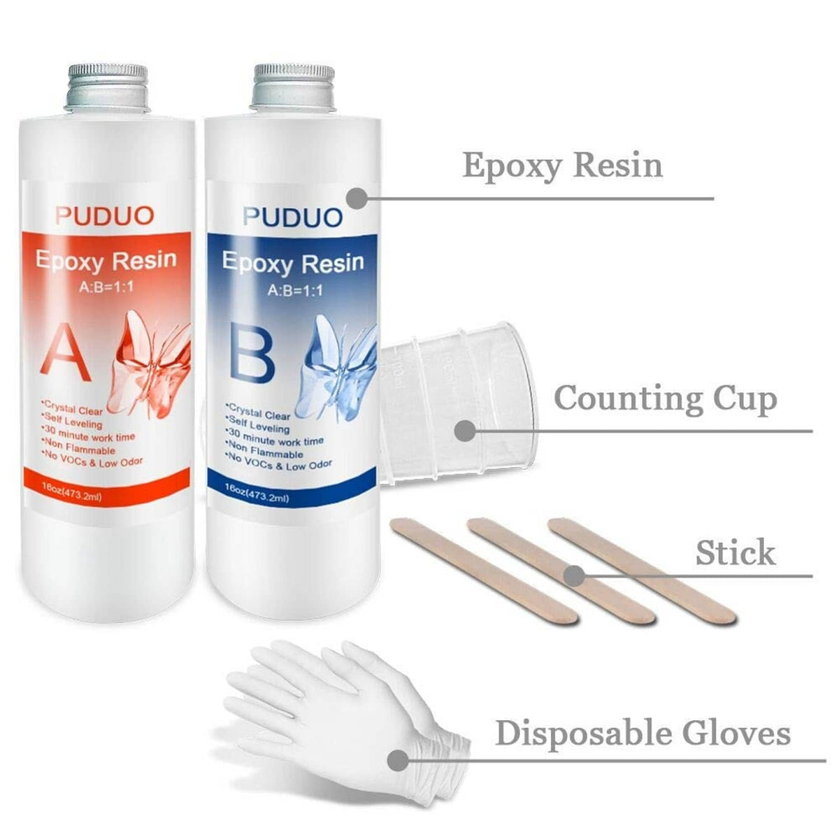 Epoxy resin starter set with A/B bottles, measuring cup, sticks, disposable gloves