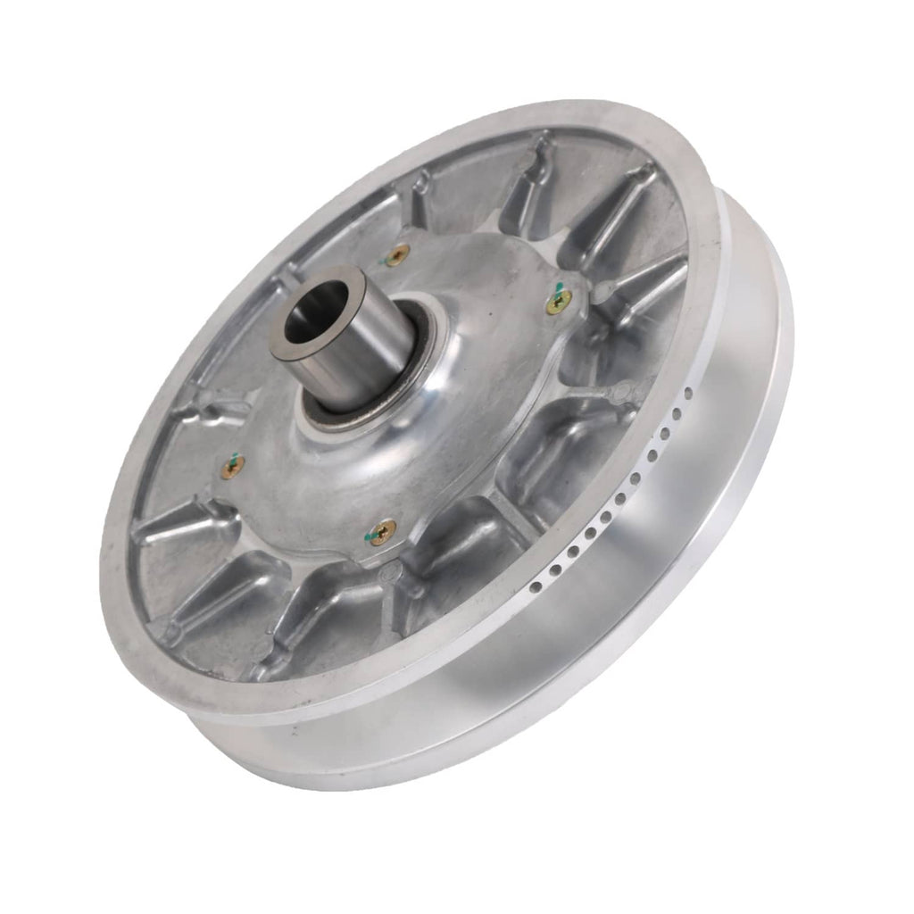 Silver clutch cover with side bore, bolt holes, and machined rim
