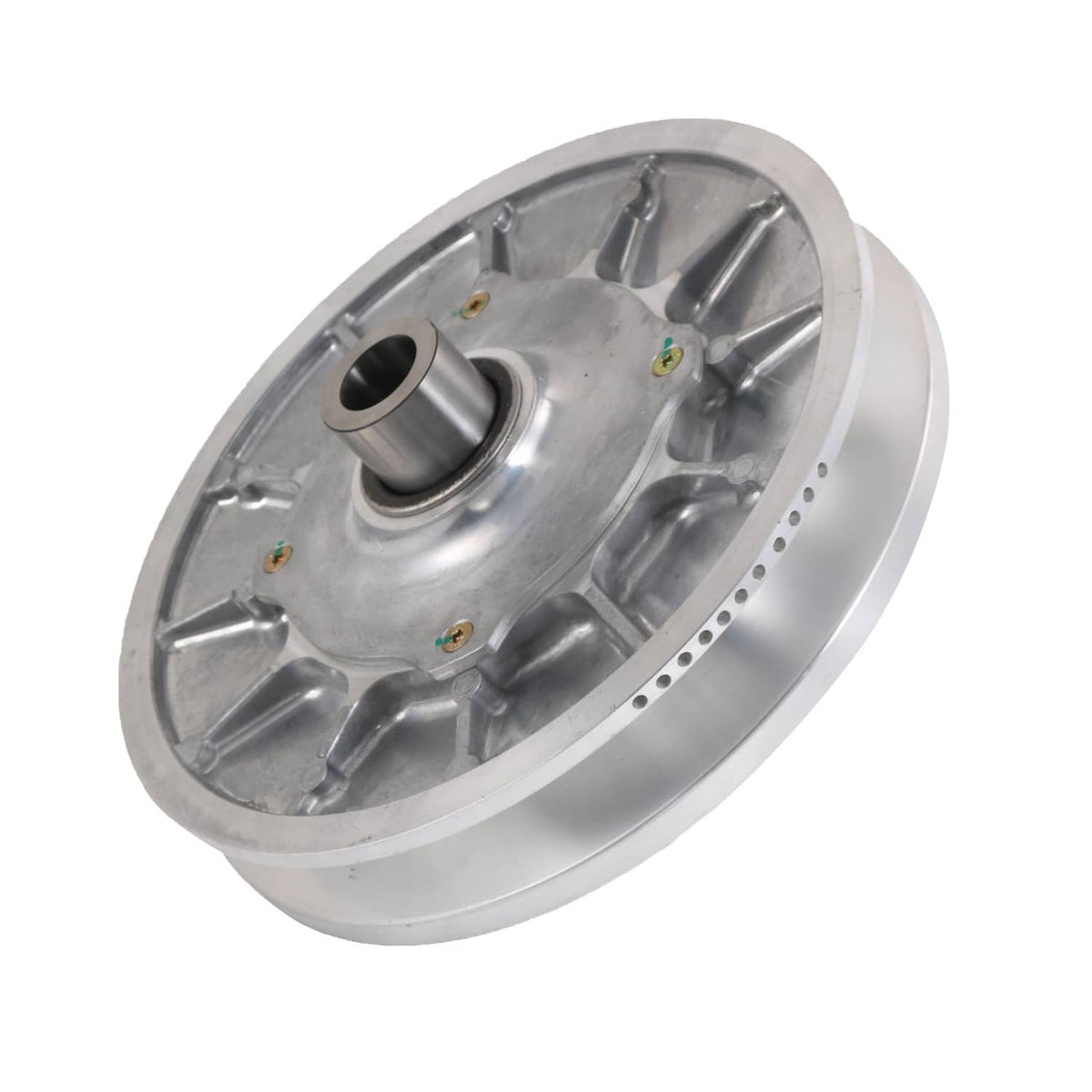 Silver clutch cover with side bore, bolt holes, and machined rim