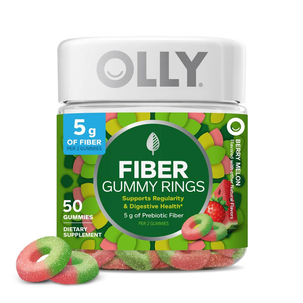 OLLY Fiber Gummy Rings supplement jar with green and red gummy rings, 50 count.