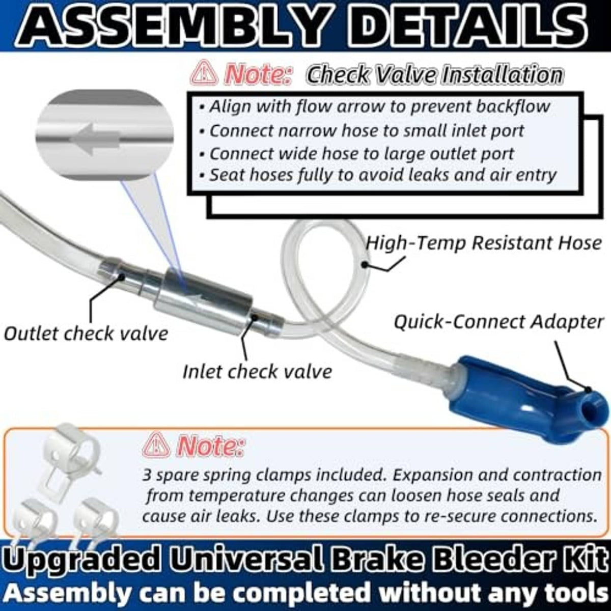 Brake bleeder kit parts: blue hose end, outlet and inlet check valves, quick-connect adapter
